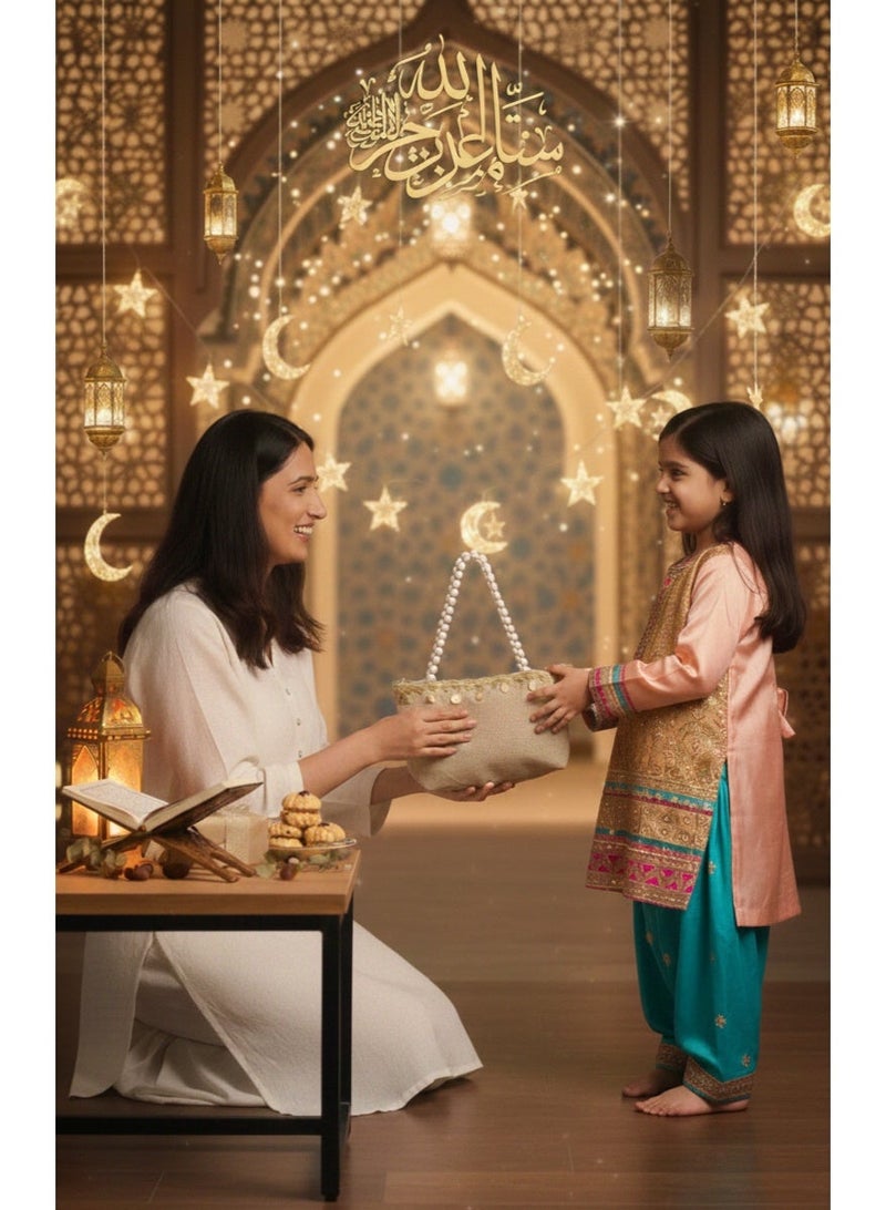 حقيبة هدايا رمضانية مميزة للأطفال - مصنوعة من الجوت الجميل مع مقبض من اللؤلؤ ودانتيل ذهبي - حقيبة رمضانية احتفالية - Image 4